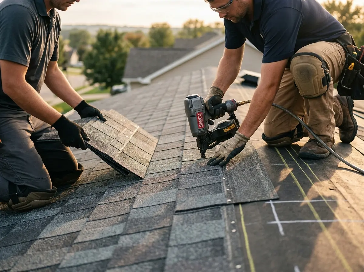 Professional roofer working on a residential roof in Hartsville-Trousdale County